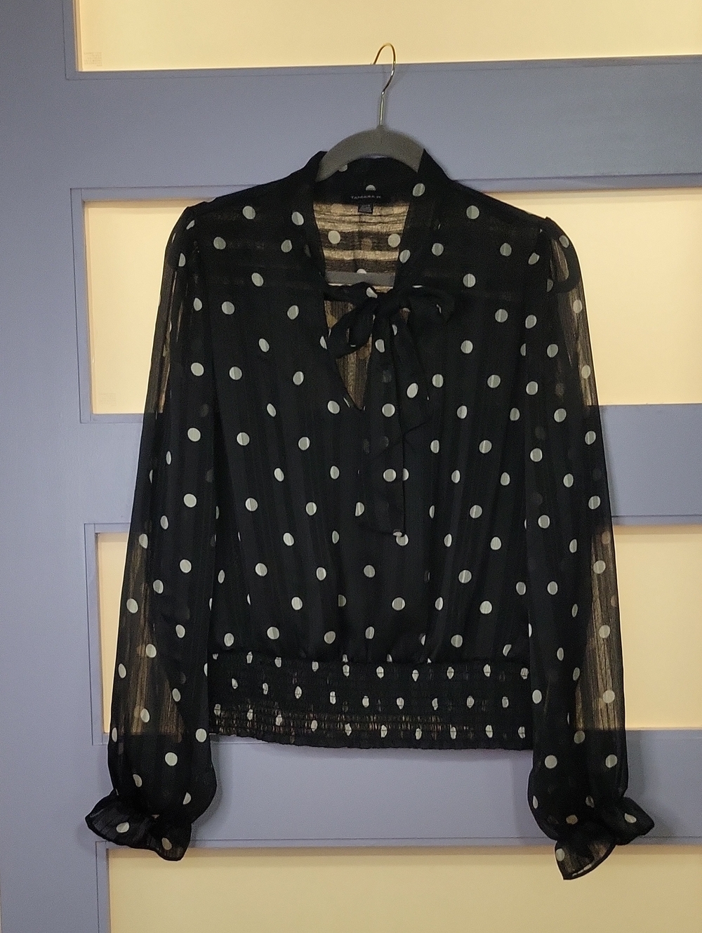 Black Polka Dot Tie-Neck Sheer Blouse with Smocked Hem
